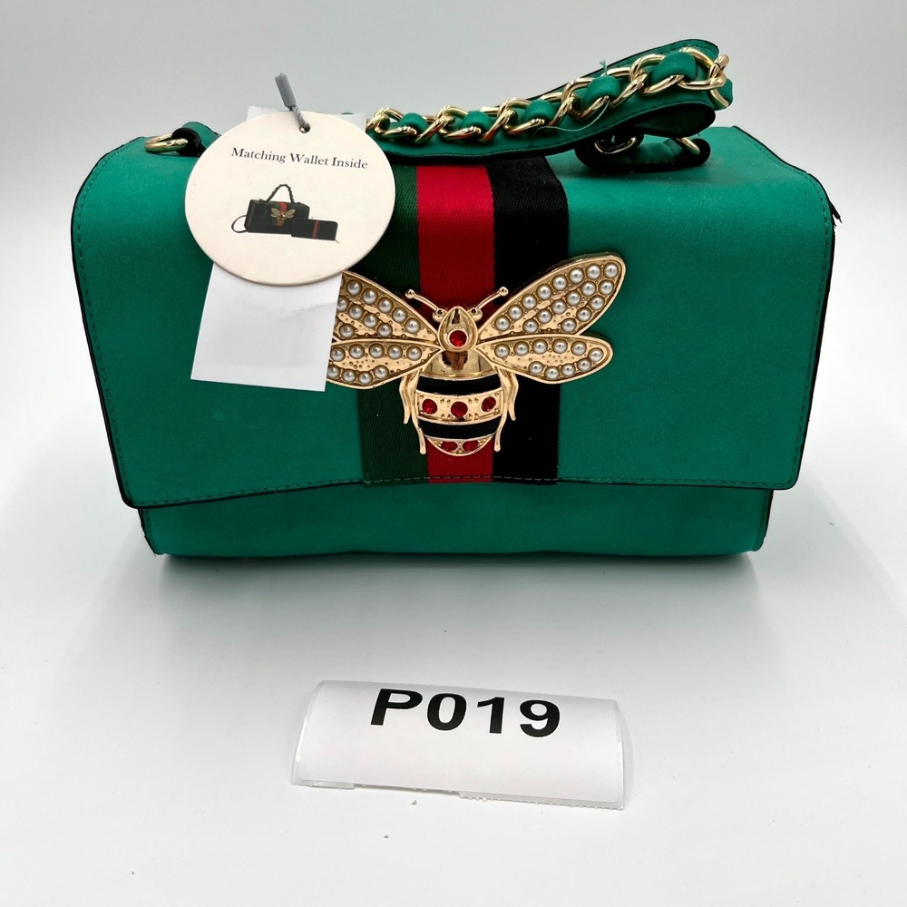 Calin Women's Handbag Emerald Green Gold Queen Bee Matching Wallet Flap Pocket